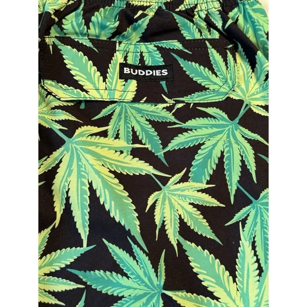 Buddies Marijuana Pot Cannabis Leaf Swim Shorts Trunks Board Green 420 Weed EUC